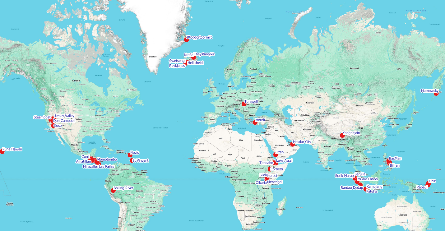 World map of geothermal fields